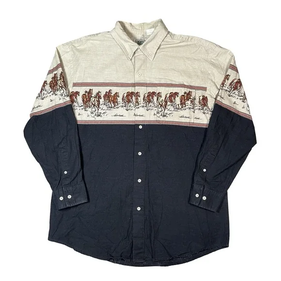 Vtg Roper Shirt Mens XL Rodeo Western Cowboy Horse Graphic 90s Colorblock Ranch - Picture 1 of 12